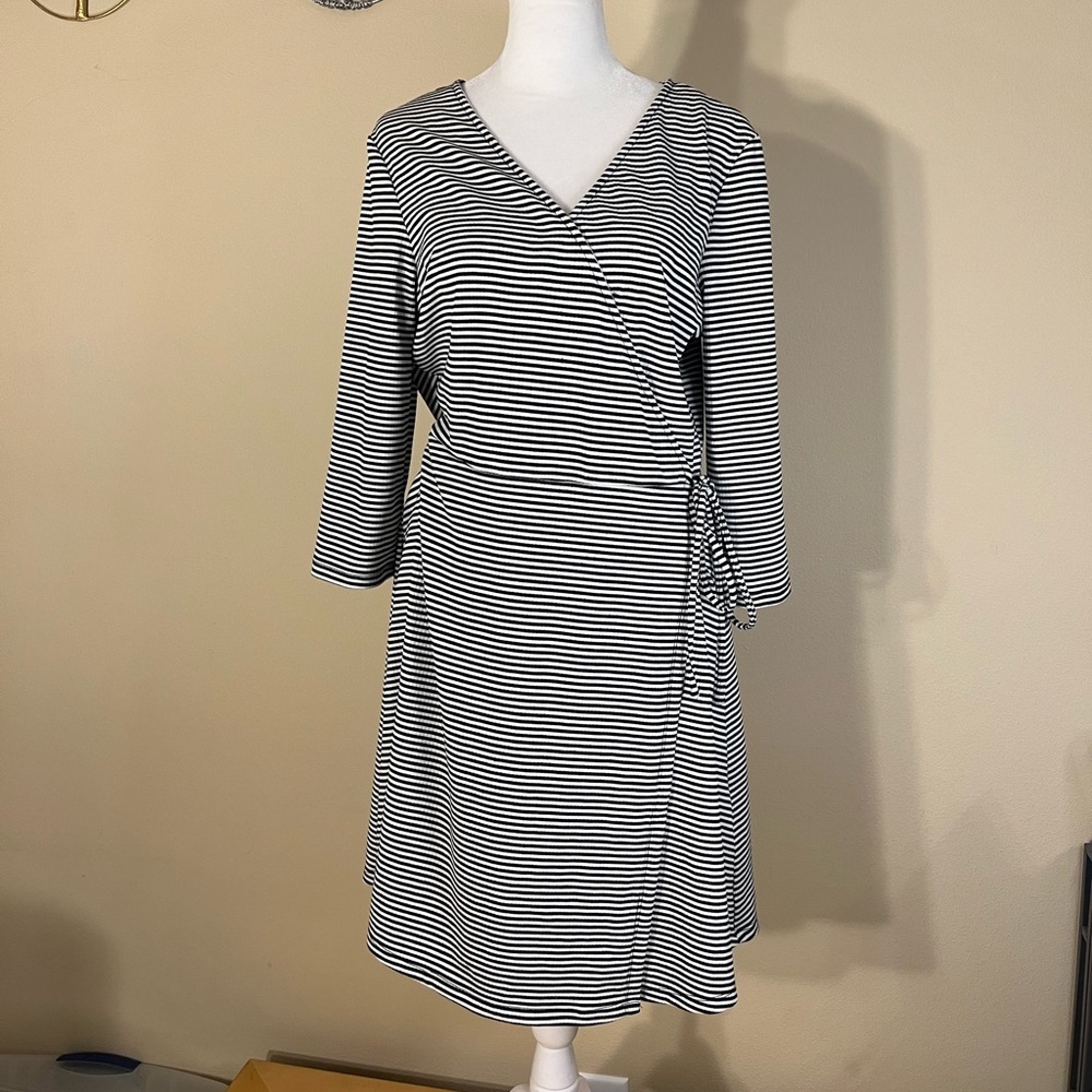 New Look Black White Striped Faux Wrap Long Sleeve Dress Size 12